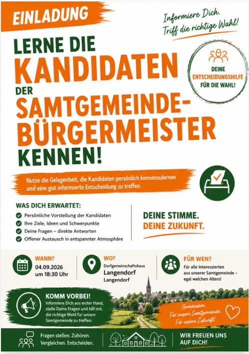 Einladung zur Kandidatenvorstellung der Samtgemeinde-Bürgermeisterkandidaten am 4. September 2026 im Dorfgemeinschaftshaus Langendorf