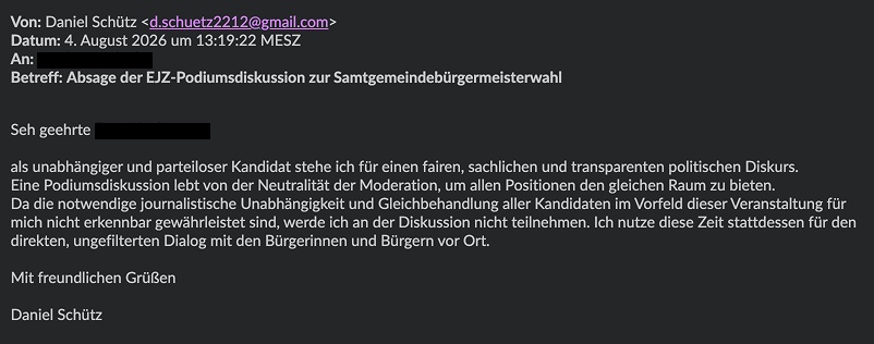 Absage von Daniel Schütz an die Elbe-Jeetzel-Zeitung